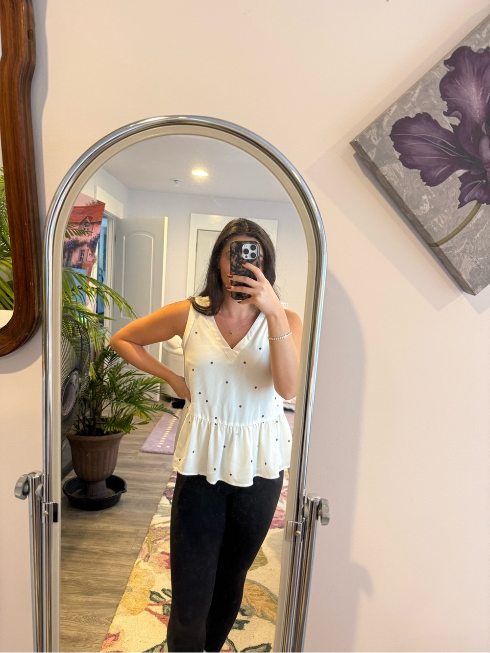 LOFT Cream V-Neck Peplum Camisole with Dot Detail